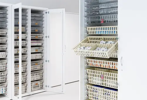 EUROMEDICA S - 90 skříň léková boxová, 2-dveřová/prosklená, 1950x900x735, korpus bílý, dvířka žlutá odio